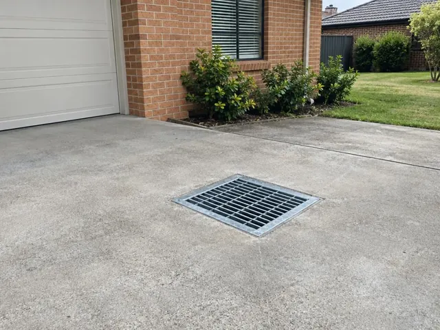 Clean outdoor driveway drain grate beside a brick house and garage in Beaumont Hills